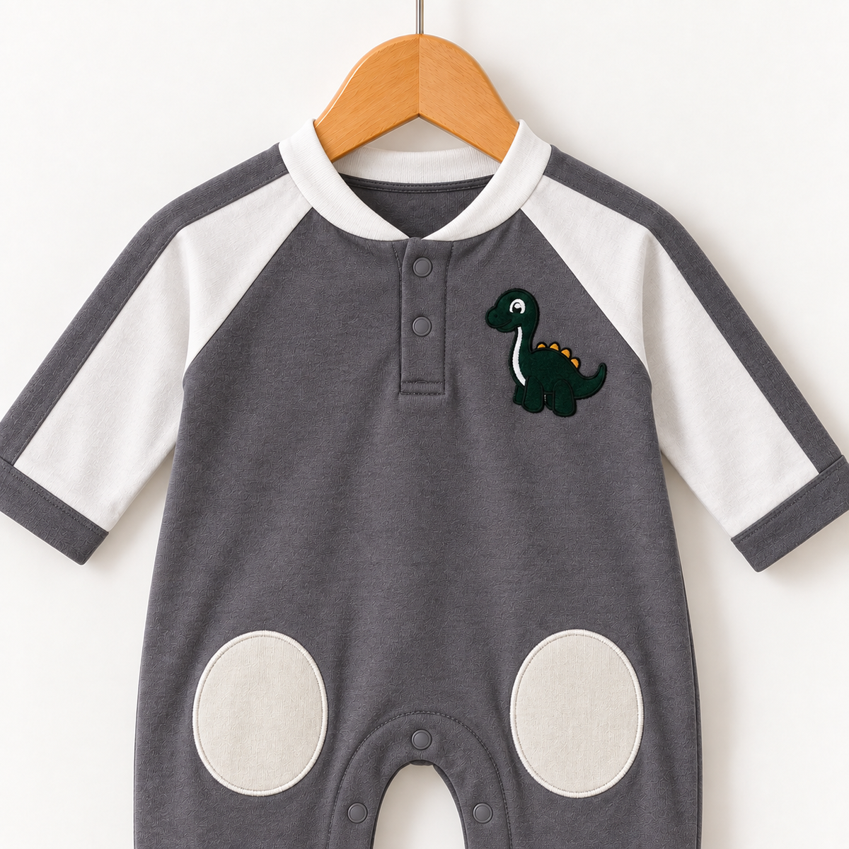 Dino Patch Romper – Charcoal Grey & White