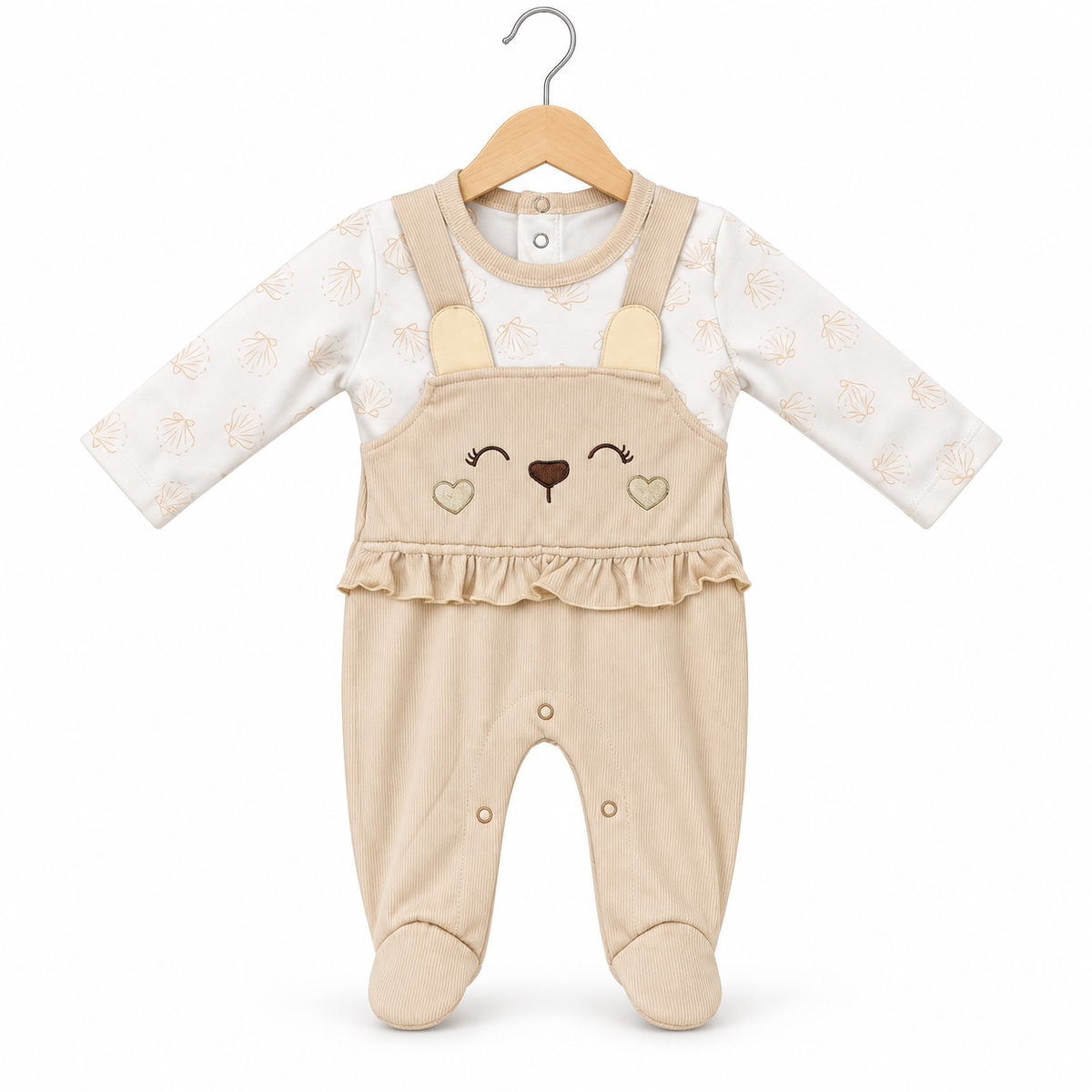 Bow Dungaree Romper – Beige & White