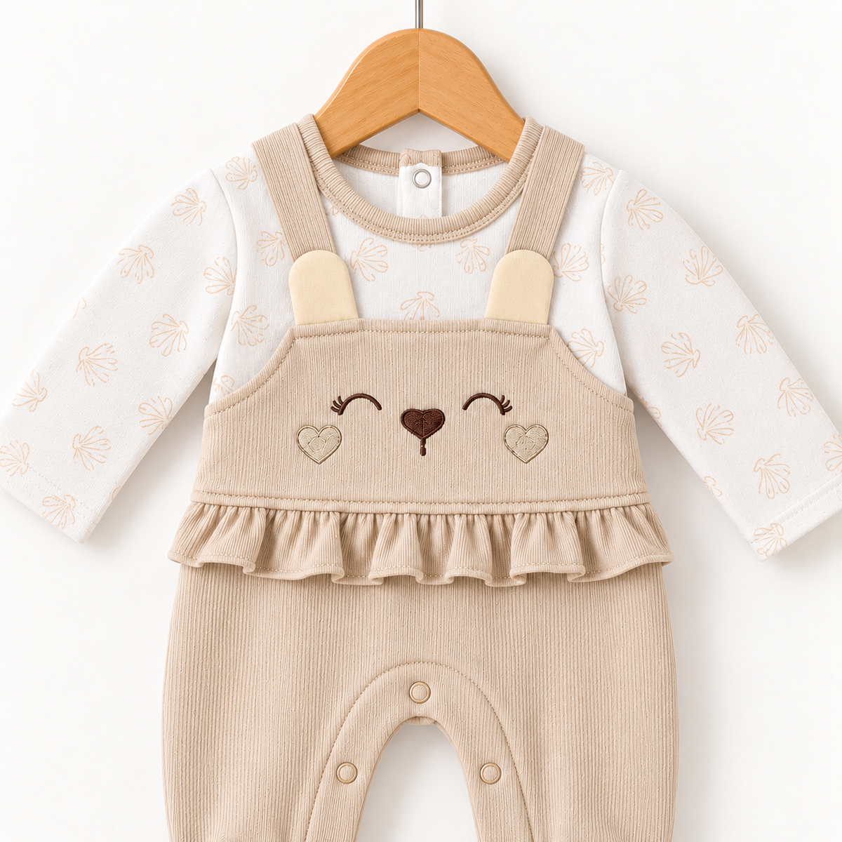 Bow Dungaree Romper – Beige & White
