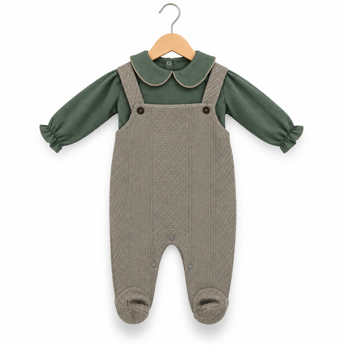 Classic Dungaree Romper – Olive Green & Taupe