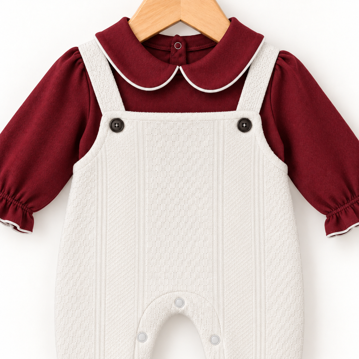 Classic Dungaree Romper – Wine Red & Cream