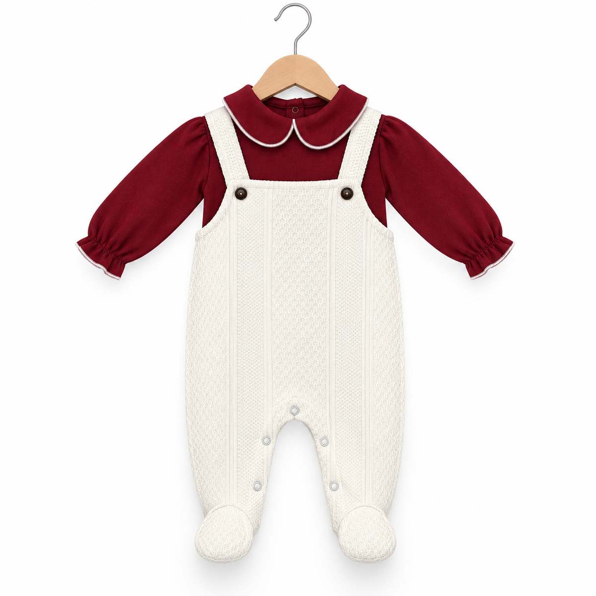 Classic Dungaree Romper – Wine Red & Cream