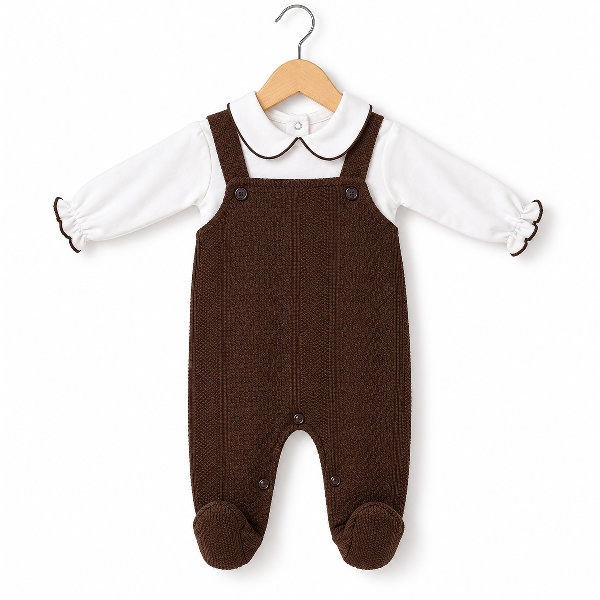 Knitted Dungaree Romper – Chocolate Brown & White