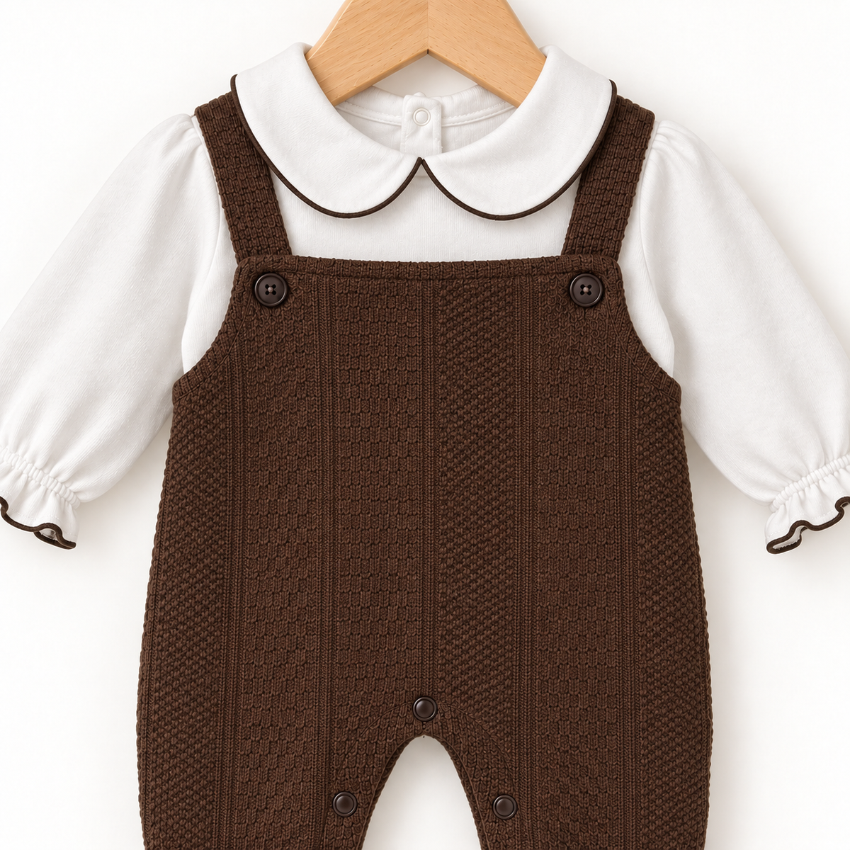 Knitted Dungaree Romper – Chocolate Brown & White