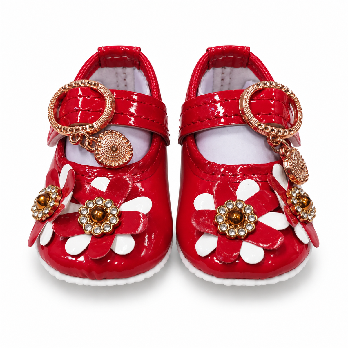 Floral Charm Baby Shoes – Red & White