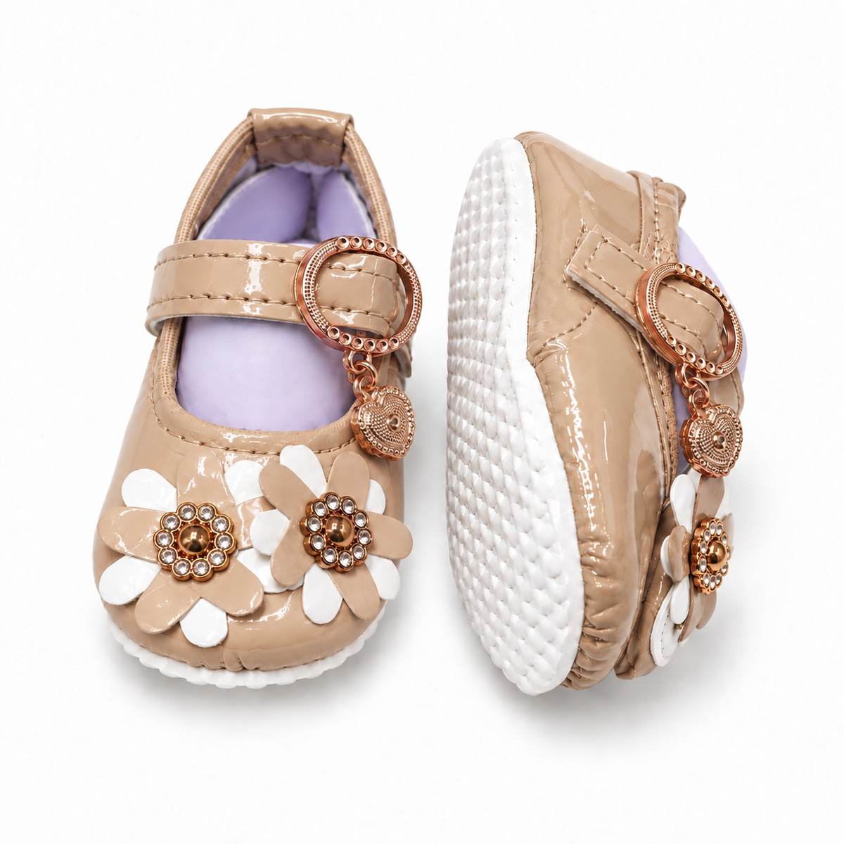 Floral Charm Baby Shoes – Beige & White