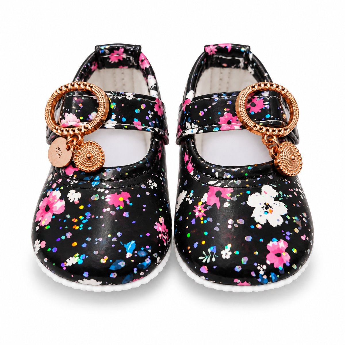 Floral Sparkle Baby Shoes – Black Multi