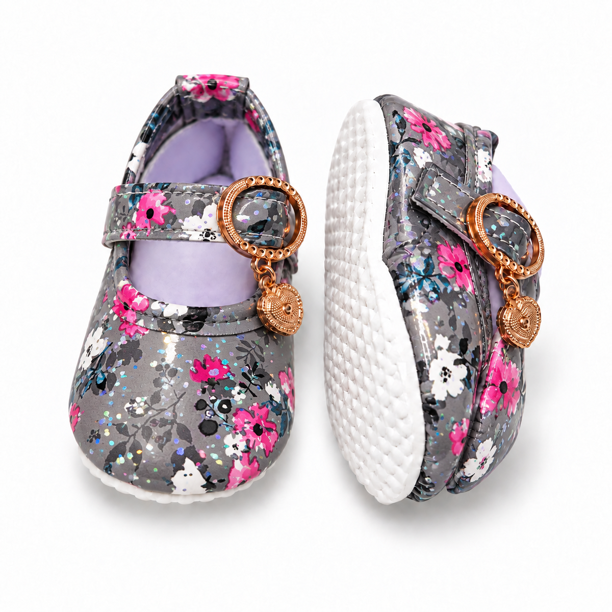 Floral Sparkle Baby Shoes – Grey Multi