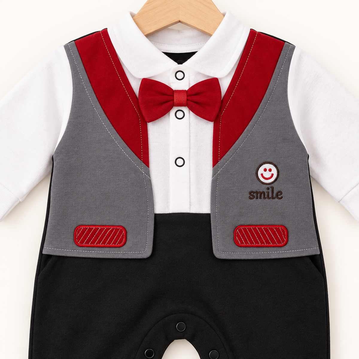 Bow Tie Waistcoat Baby Romper – White, Grey, Red & Black