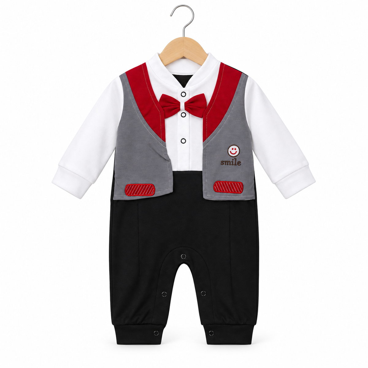 Bow Tie Waistcoat Baby Romper – White, Grey, Red & Black