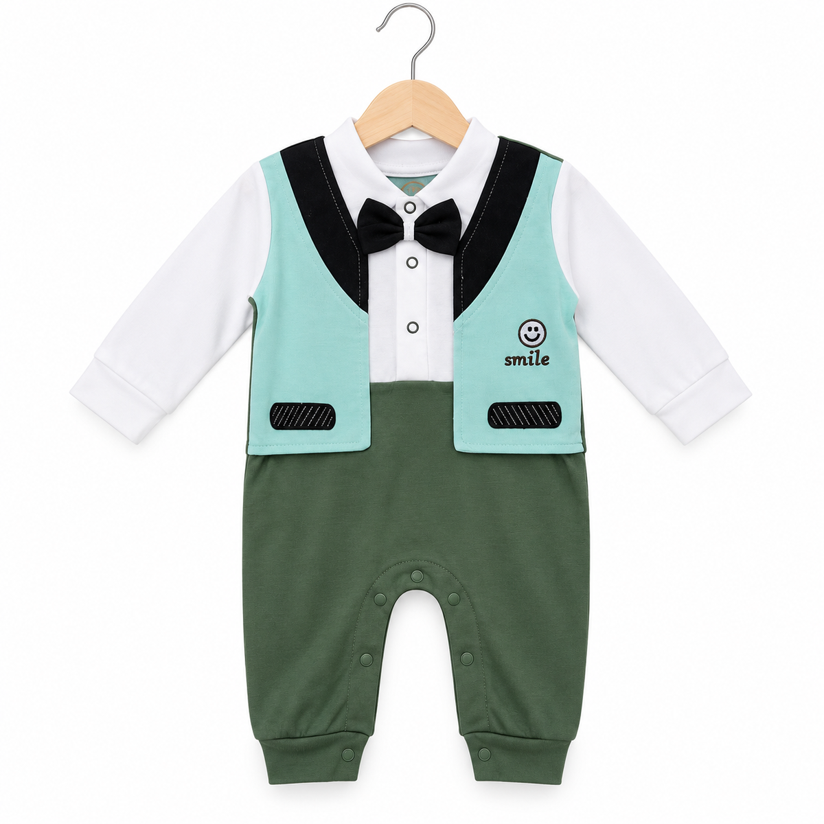 Bow Tie Waistcoat Baby Romper – Mint Green, Olive & White