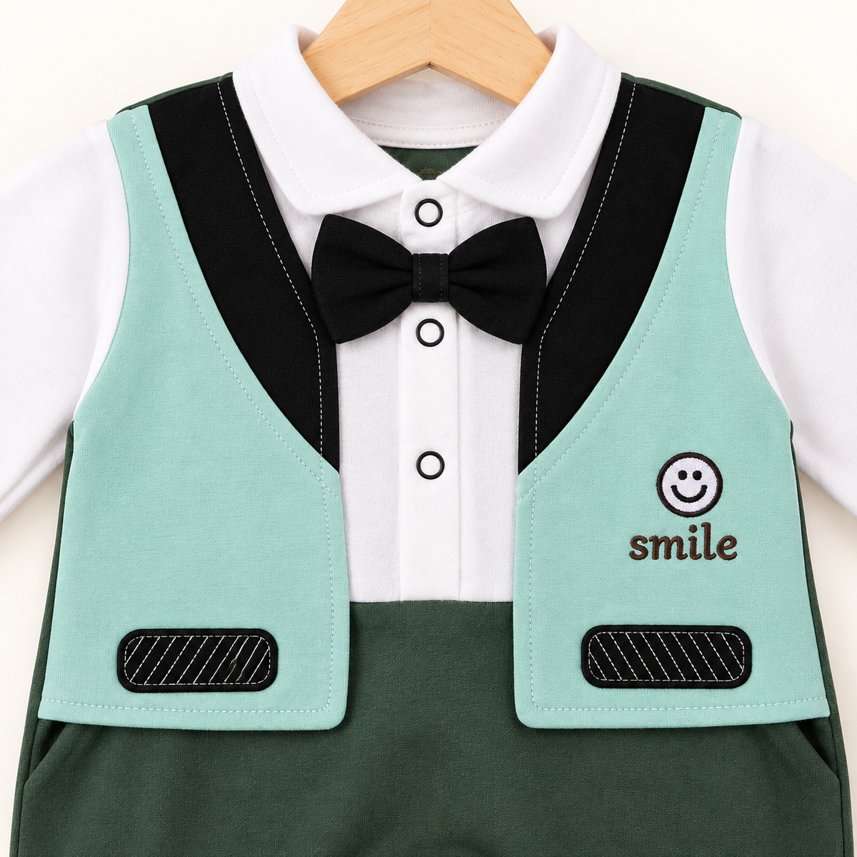 Bow Tie Waistcoat Baby Romper – Mint Green, Olive & White