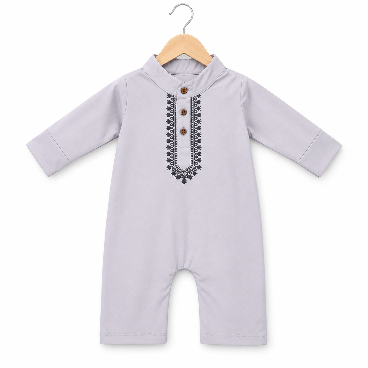 Embroidered Kurta Baby Romper – Light Grey & Black