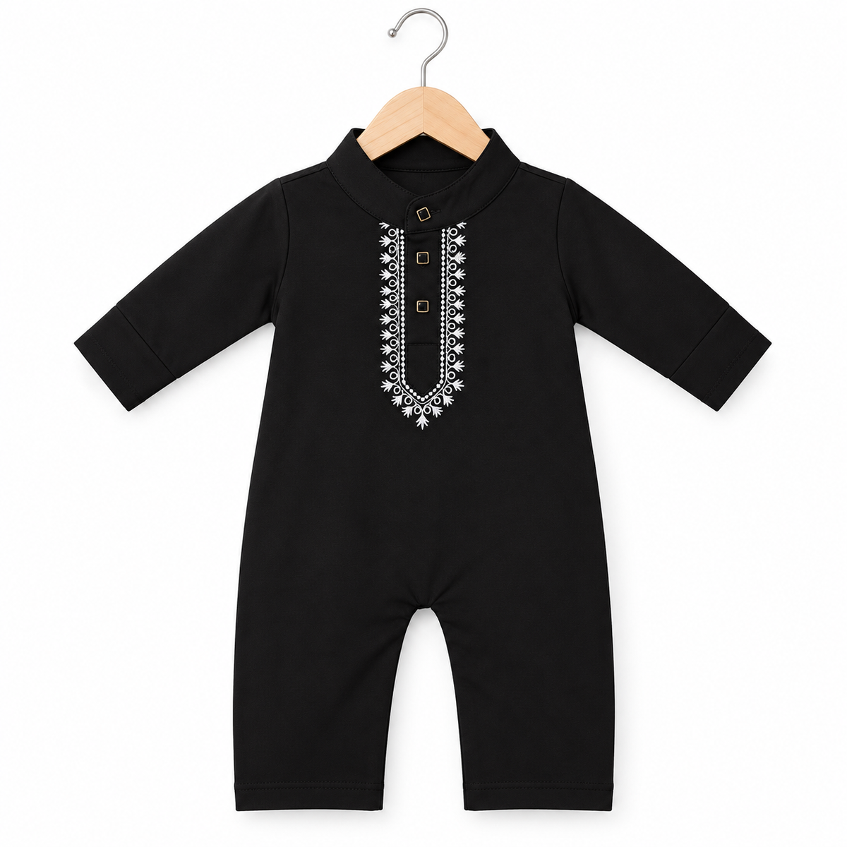 Embroidered Kurta Baby Romper – Black & White