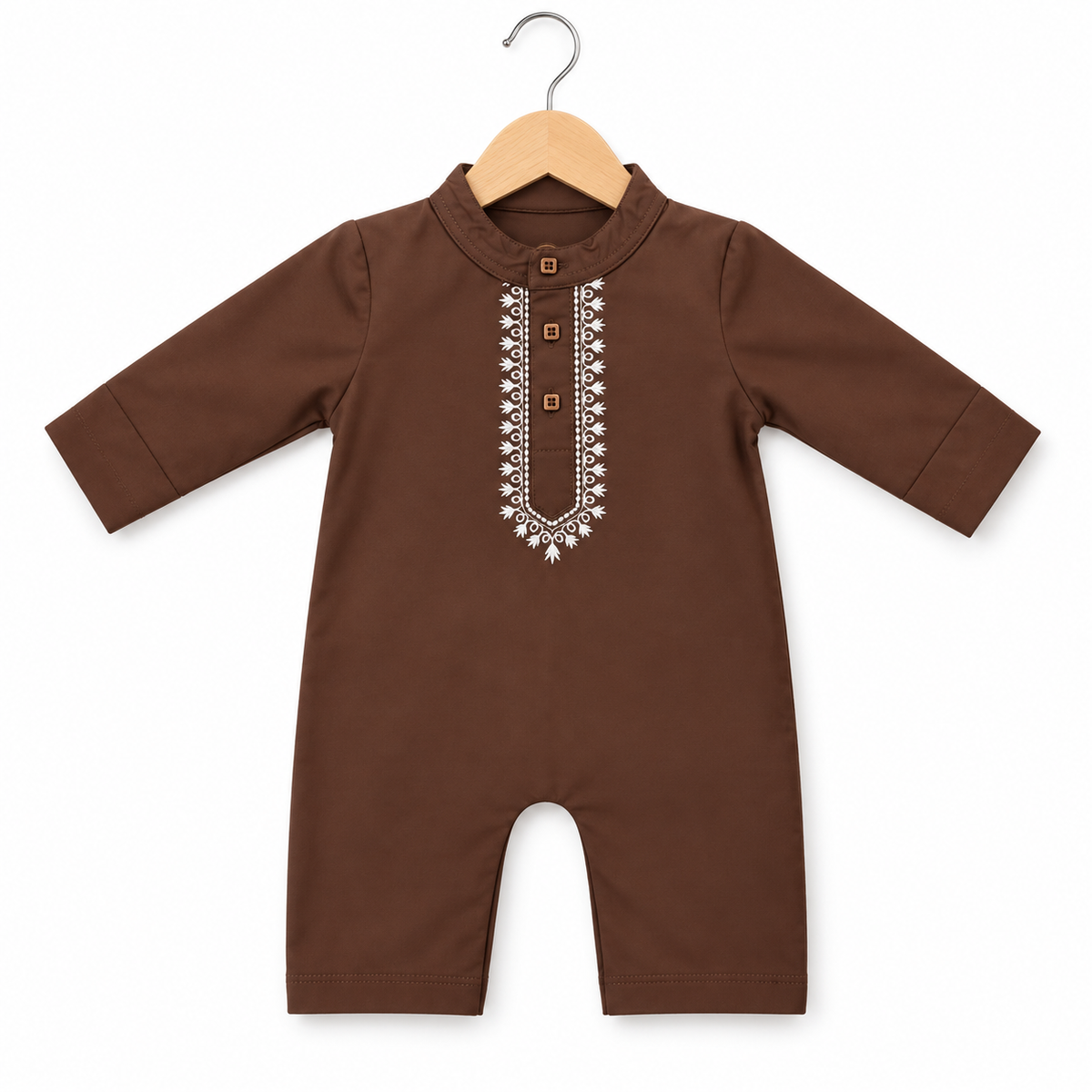 Embroidered Kurta Baby Romper – Warm Brown & White