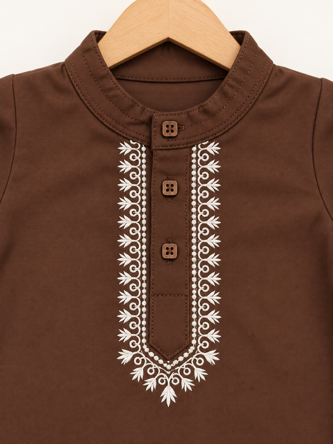 Embroidered Kurta Baby Romper – Warm Brown & White