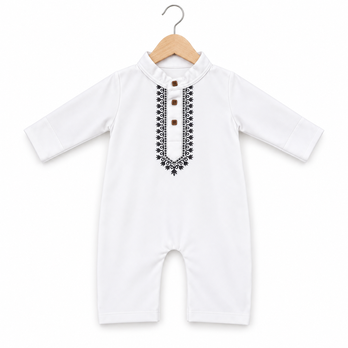 Embroidered Kurta Baby Romper – White & Black