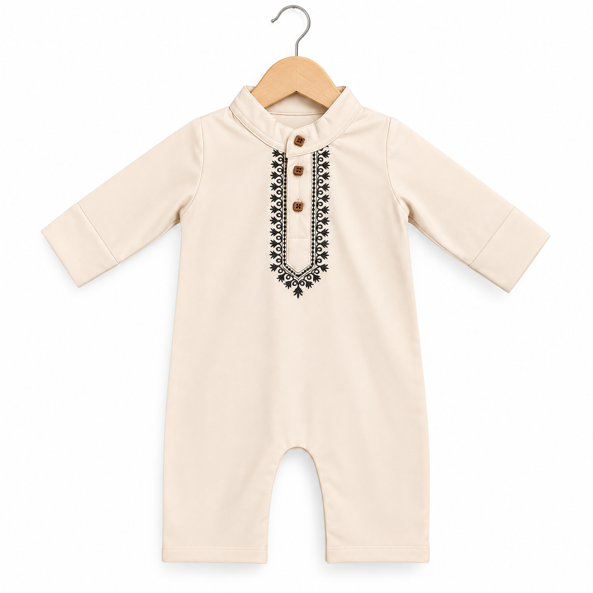 Embroidered Kurta Baby Romper – Ivory & Black