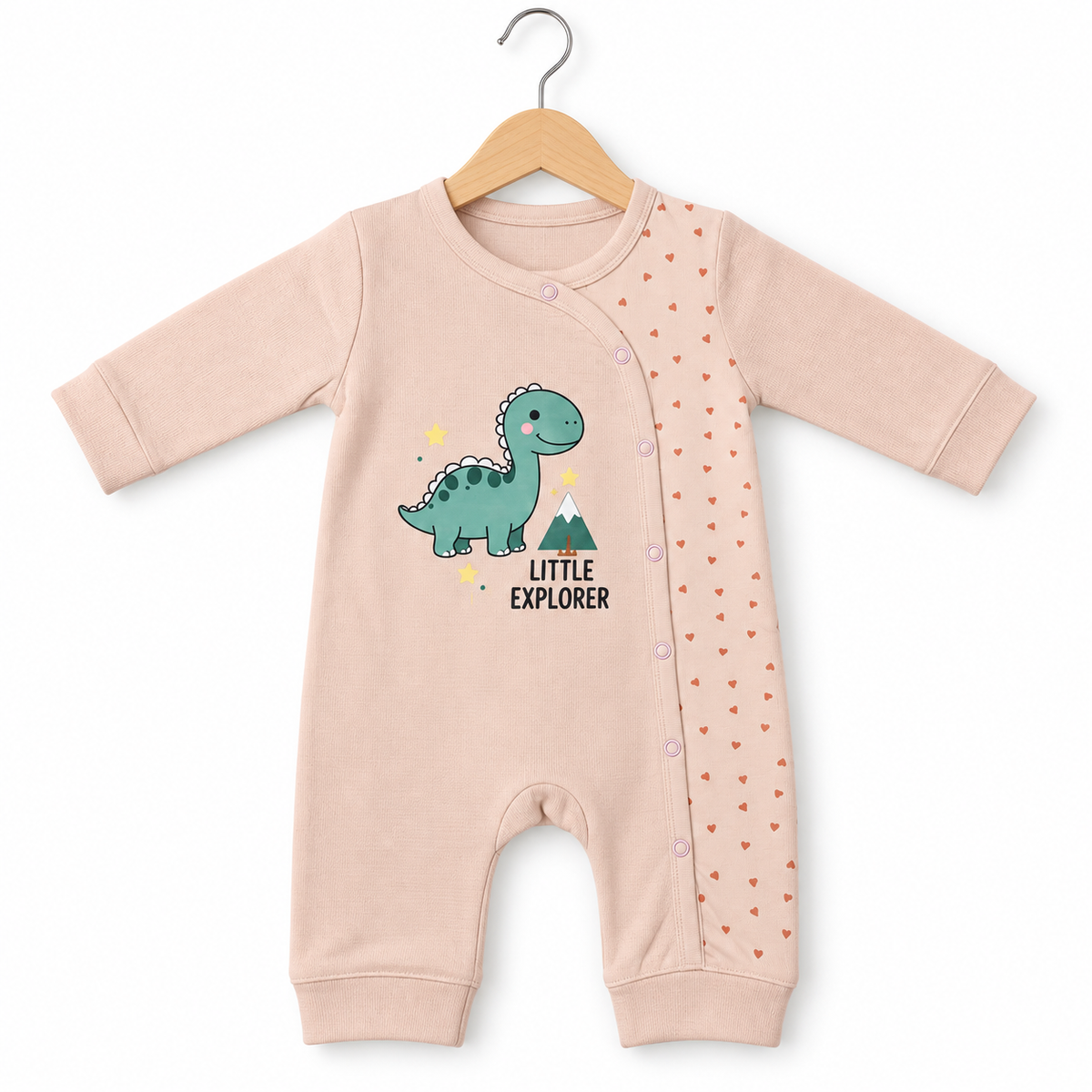 Little Explorer Dinosaur Baby Romper – Blush Beige