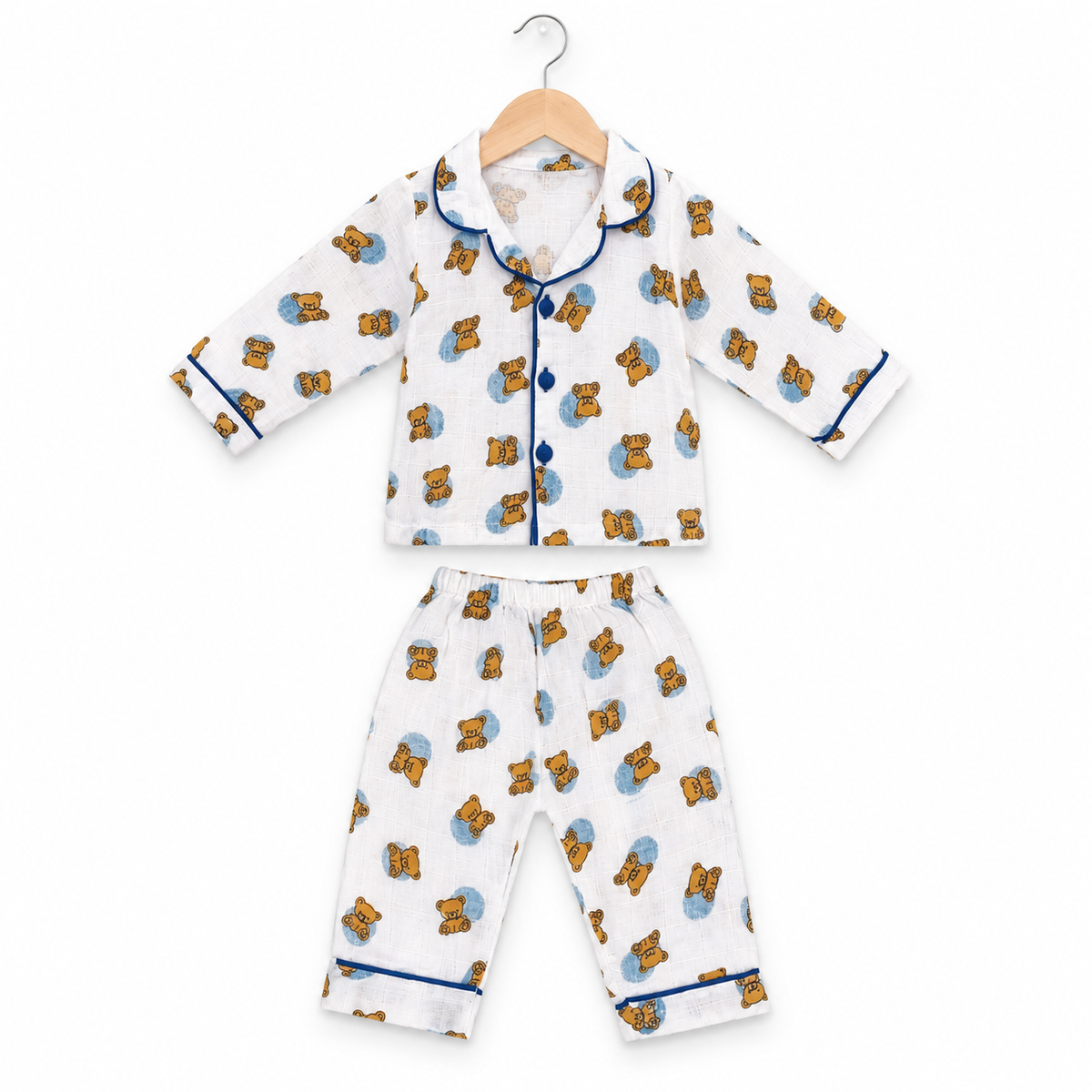 Teddy Bear Muslin Night Suit – White & Blue