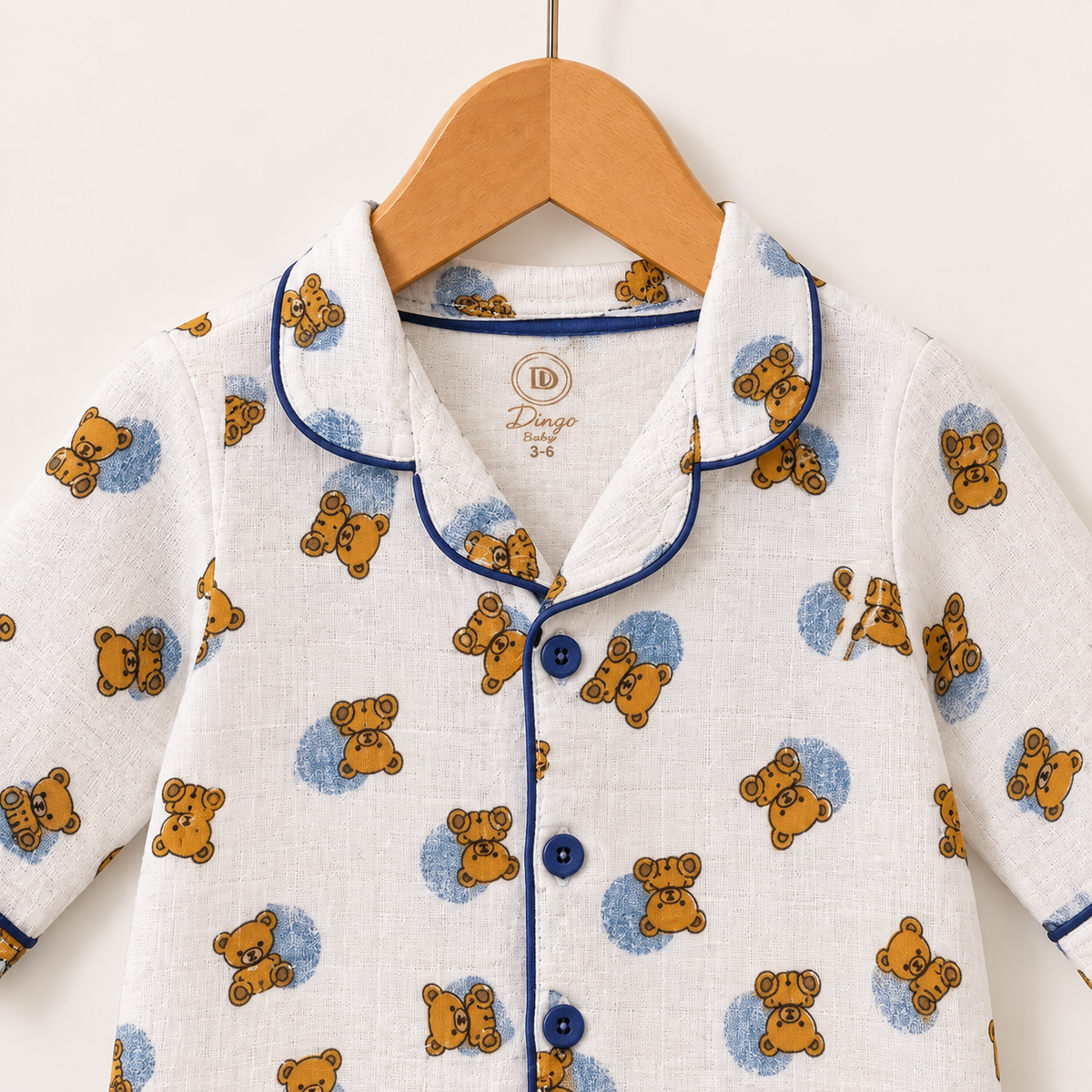 Teddy Bear Muslin Night Suit – White & Blue