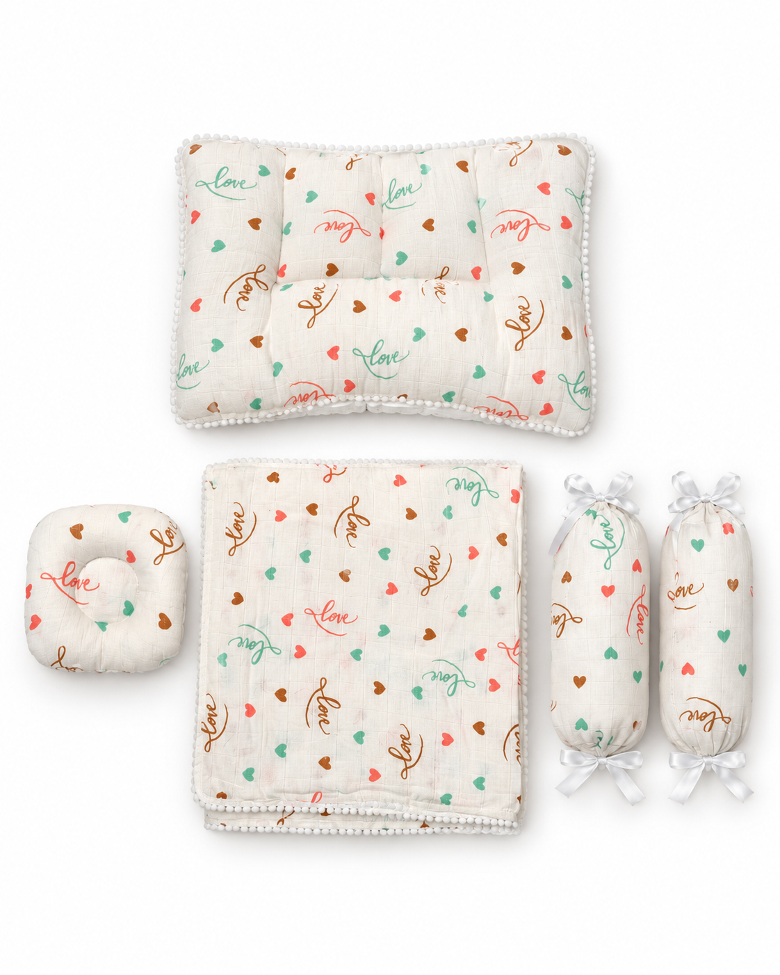 Love Hearts Muslin Baby Bedding Set  5 Pieces
