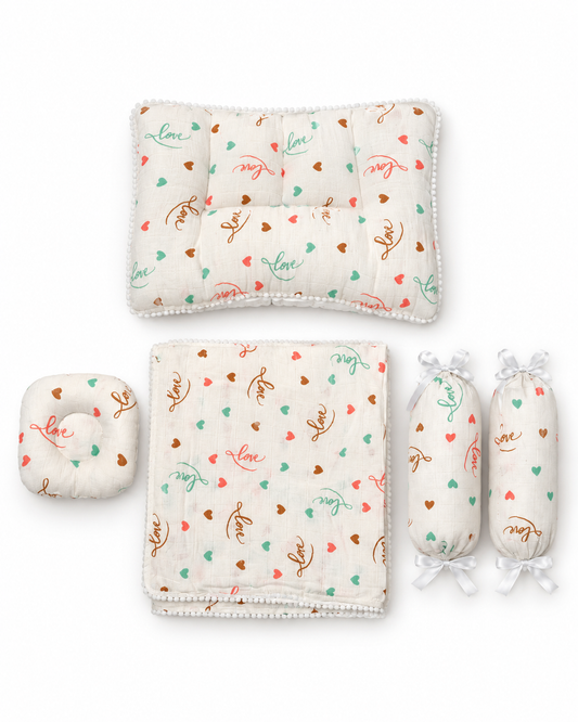 Love Hearts Muslin Baby Bedding Set  5 Pieces