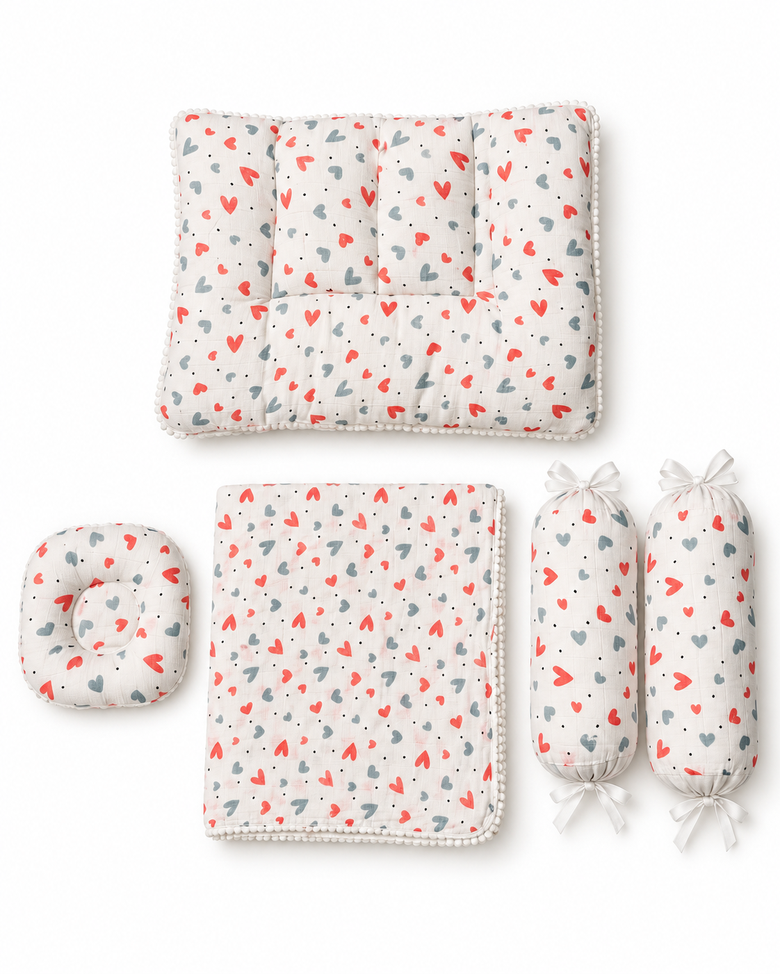 Coral Hearts Muslin Baby Bedding Set 5 Pieces