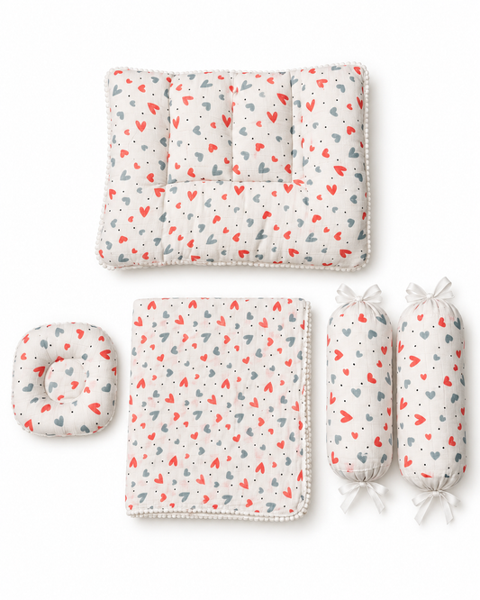Coral Hearts Muslin Baby Bedding Set 5 Pieces