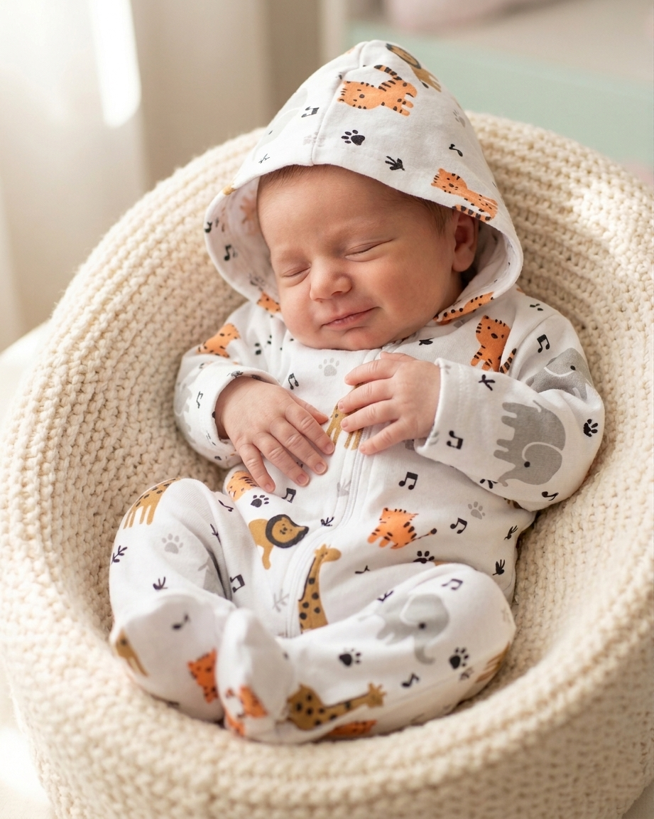 Happy Safari: Lion, Giraffe & Tiger All-Over Print Zip Romper