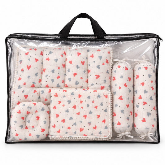 Coral Hearts Muslin Baby Bedding Set 5 Pieces