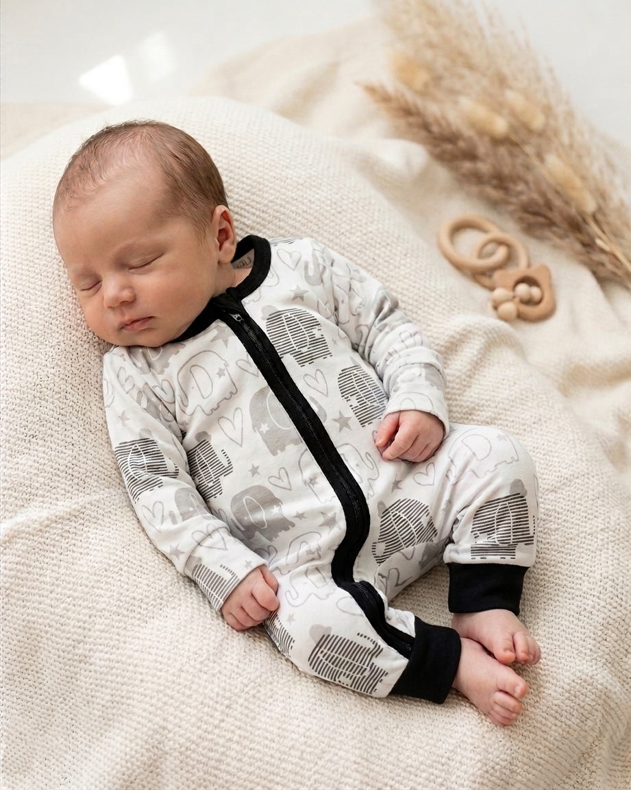 Playful Elephant & Heart Zip-Up Baby Romper