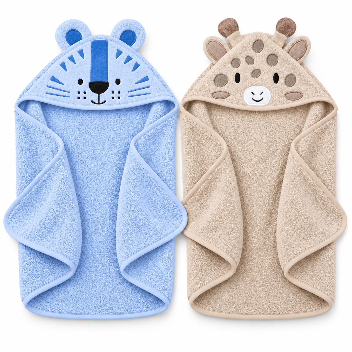 Pack of 2 Animal Hooded Baby Towels – Taupe & Sky Blue
