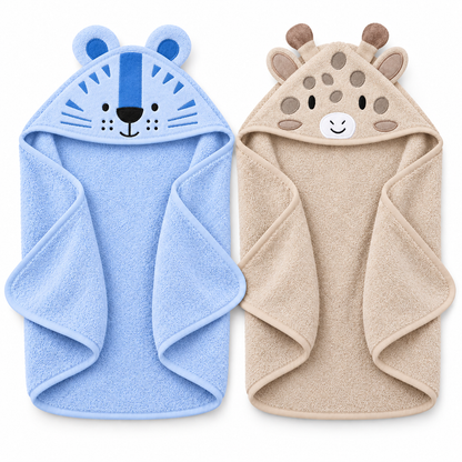 Pack of 2 Animal Hooded Baby Towels – Taupe & Sky Blue