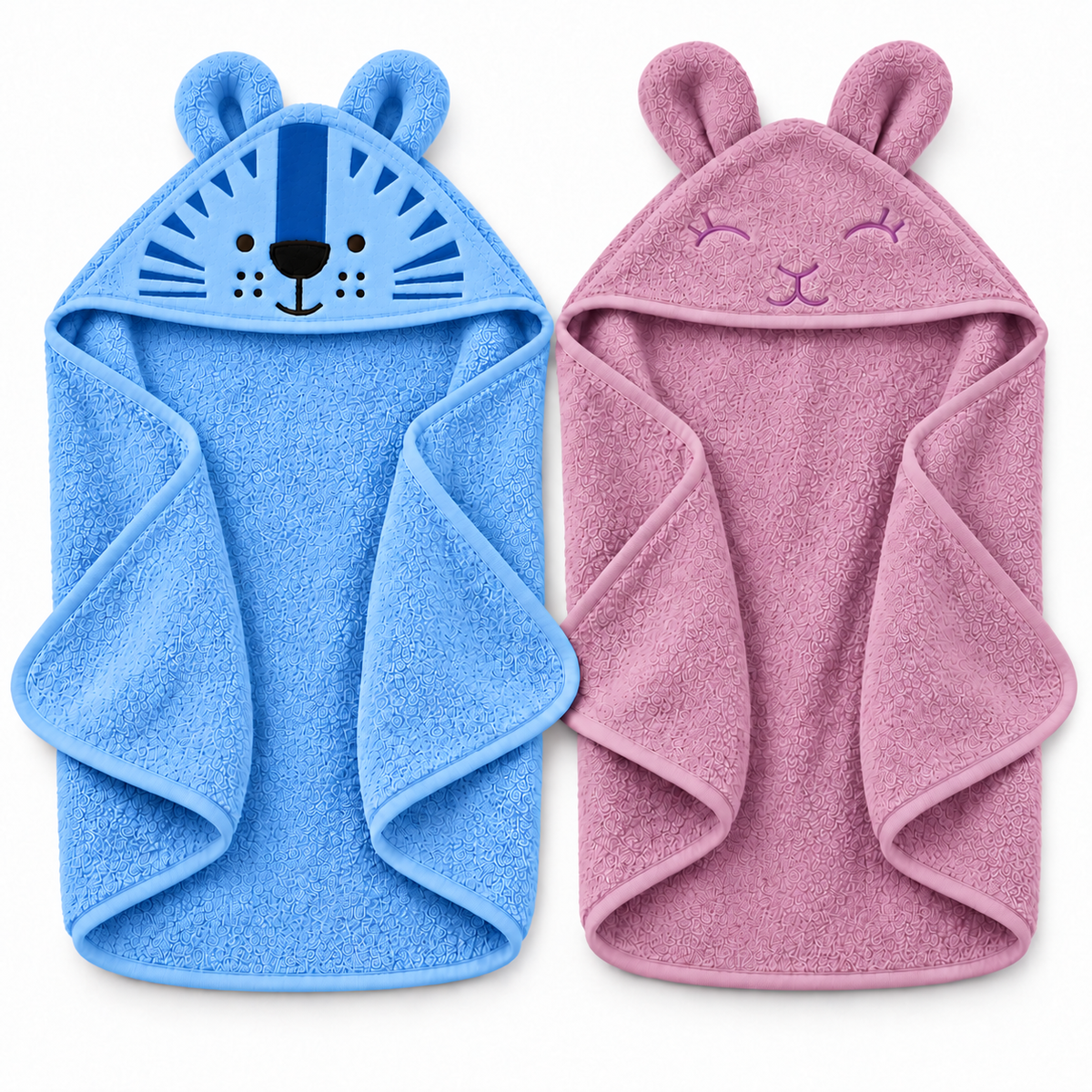 Pack of 2 Tiger & Bear Hooded Baby Towels – Sky Blue & Lilac
