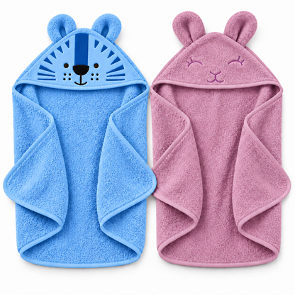 Pack of 2 Tiger & Bear Hooded Baby Towels – Sky Blue & Lilac