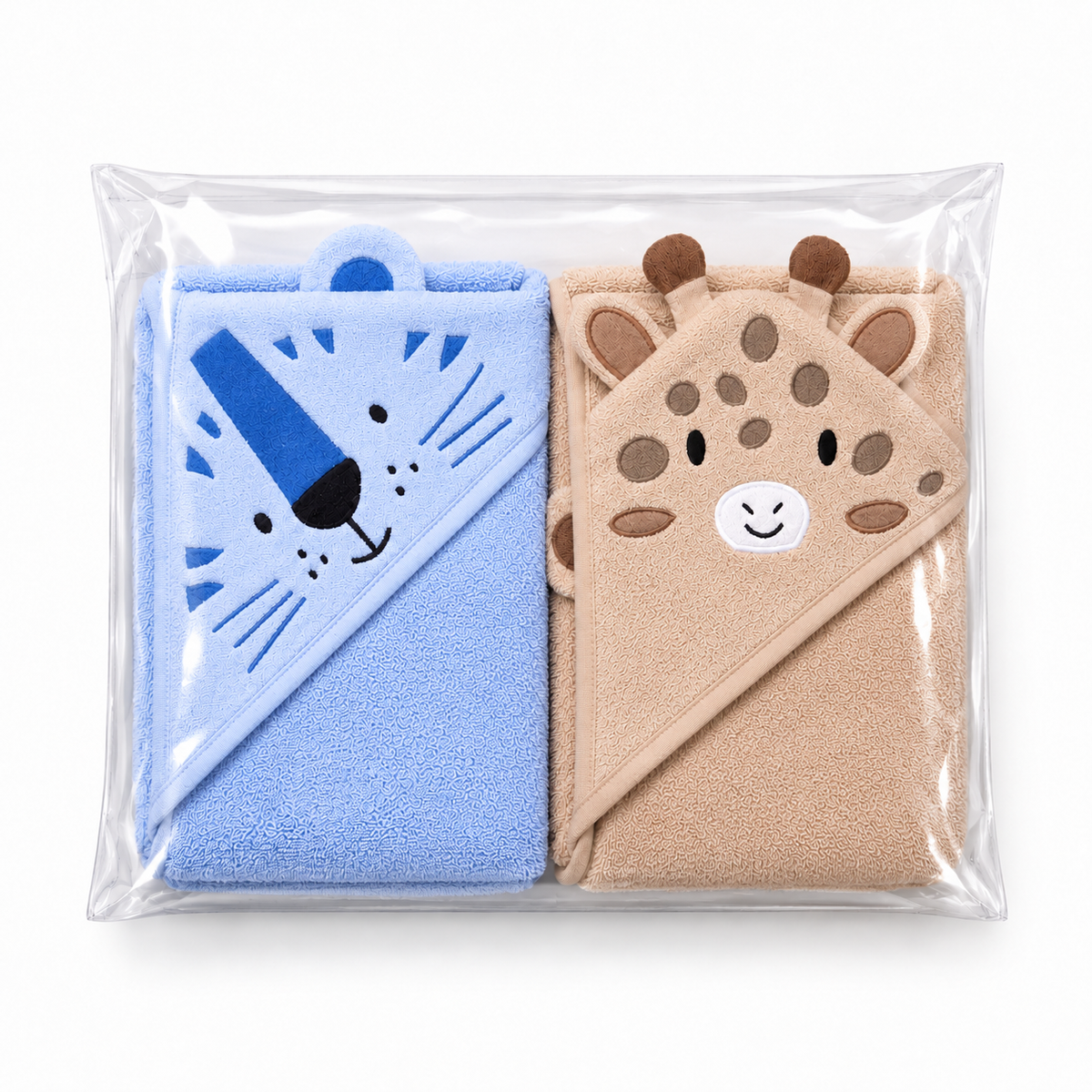 Pack of 2 Animal Hooded Baby Towels – Taupe & Sky Blue