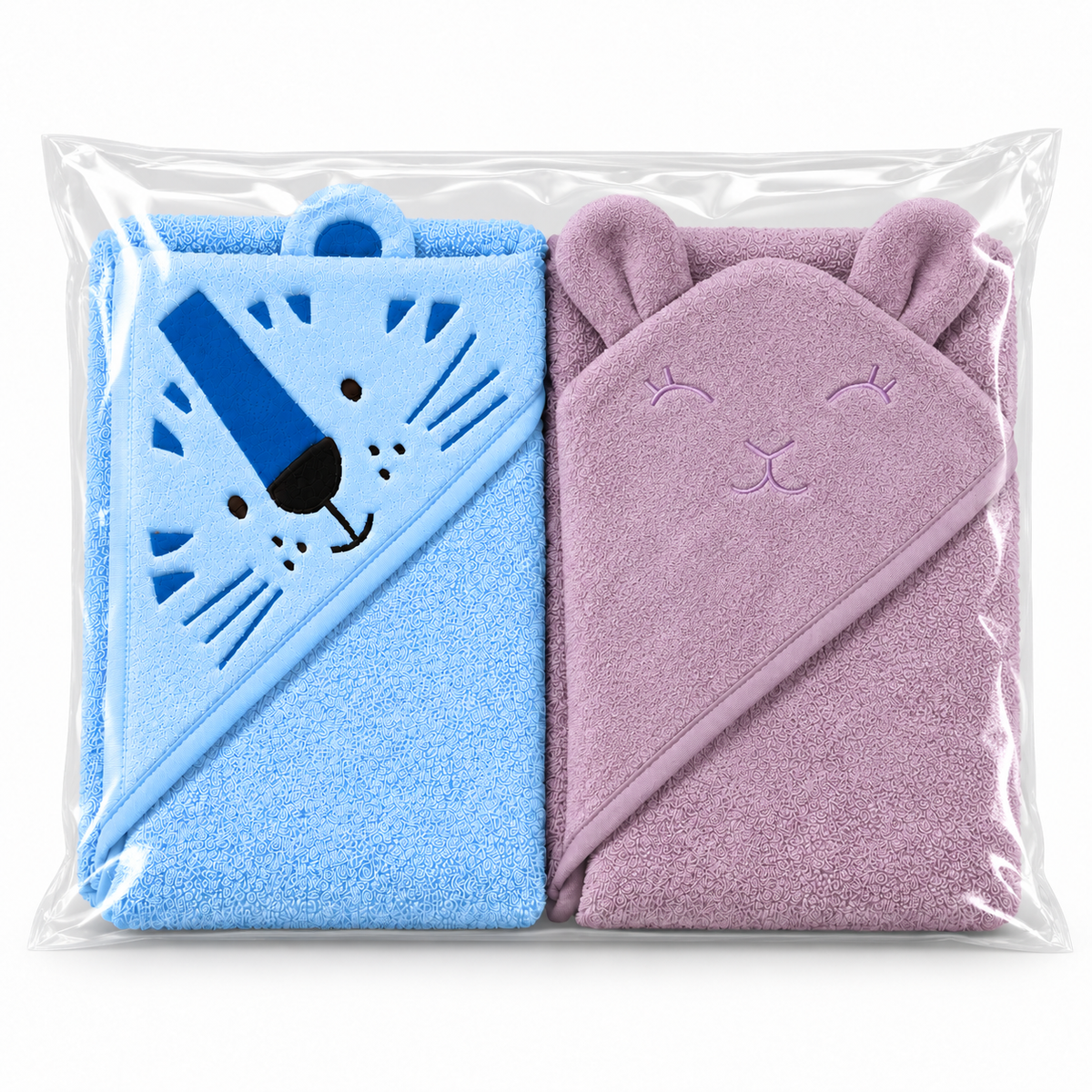 Pack of 2 Tiger & Bear Hooded Baby Towels – Sky Blue & Lilac