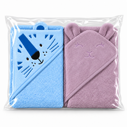Pack of 2 Tiger & Bear Hooded Baby Towels – Sky Blue & Lilac