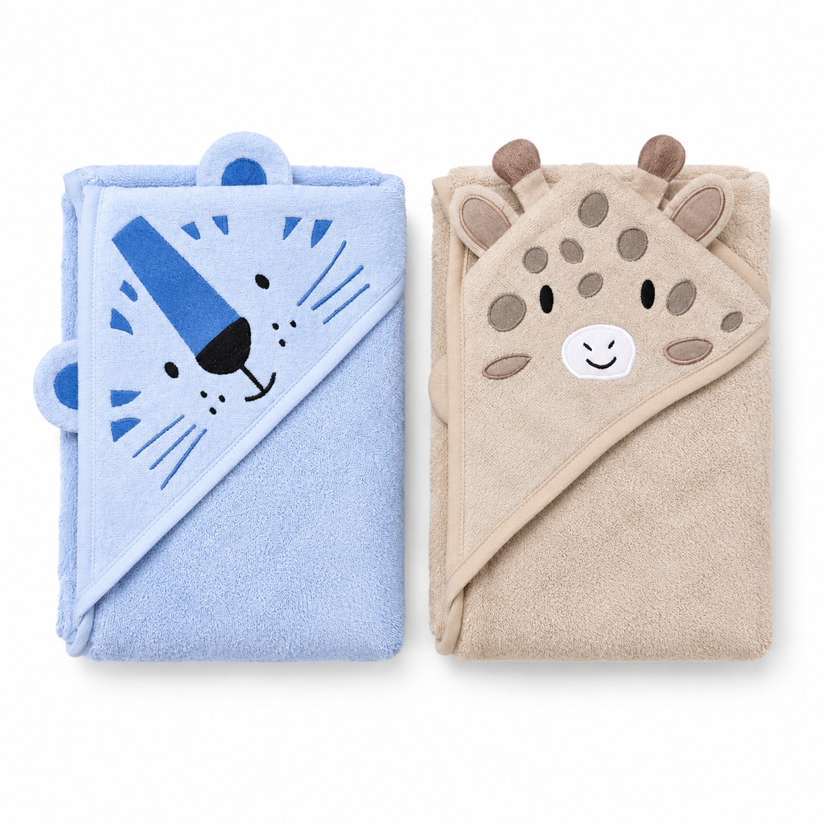 Pack of 2 Animal Hooded Baby Towels – Taupe & Sky Blue