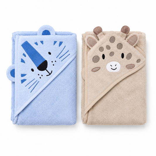 Pack of 2 Animal Hooded Baby Towels – Taupe & Sky Blue