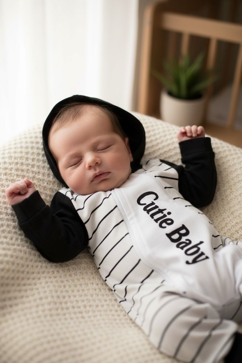 Cozy Stripes & Zip-Up Comfort: "Cutie Baby" Hooded Baby Romper