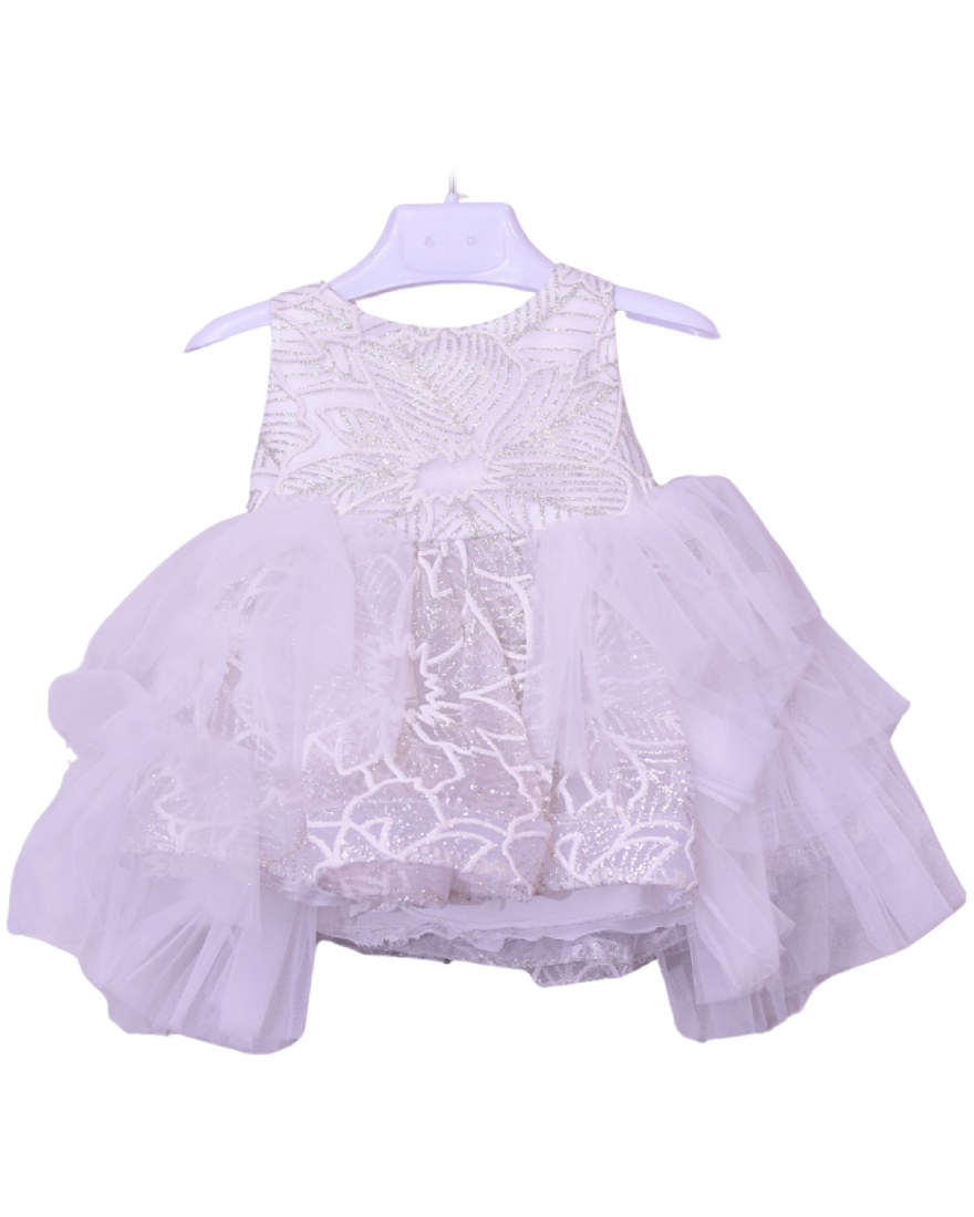 Infant Girls Net Fancy Frock Glow - White with Golden Design