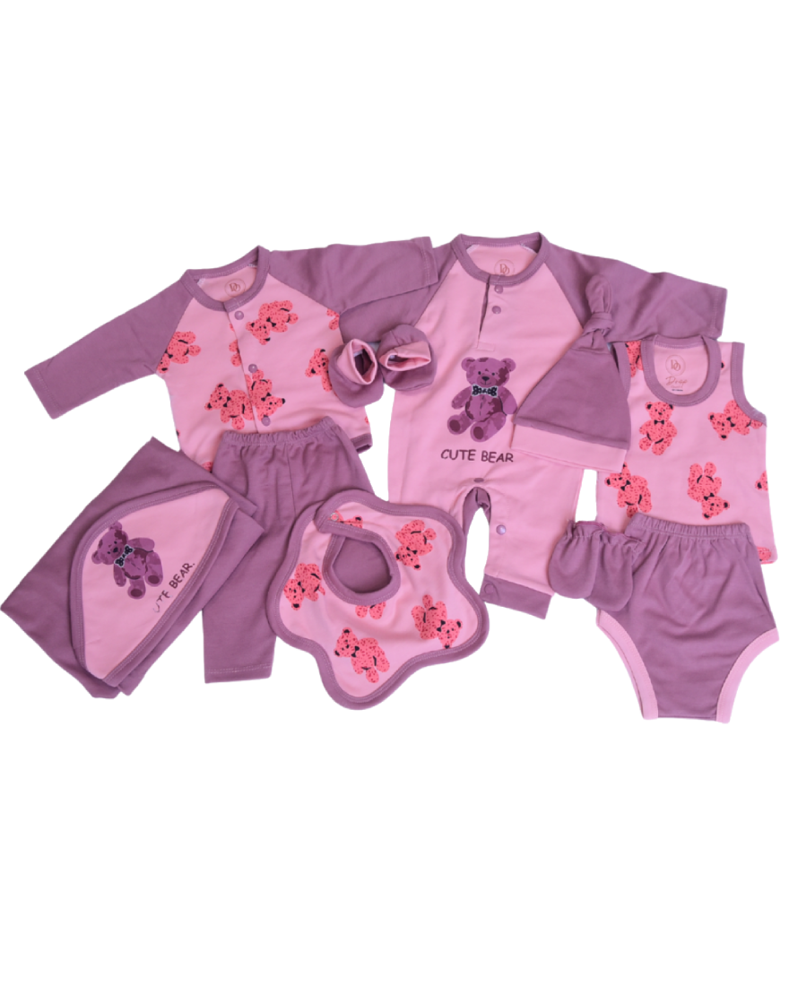 Premium Newborn Baby 10-Piece Gift Set | Pink With Purple